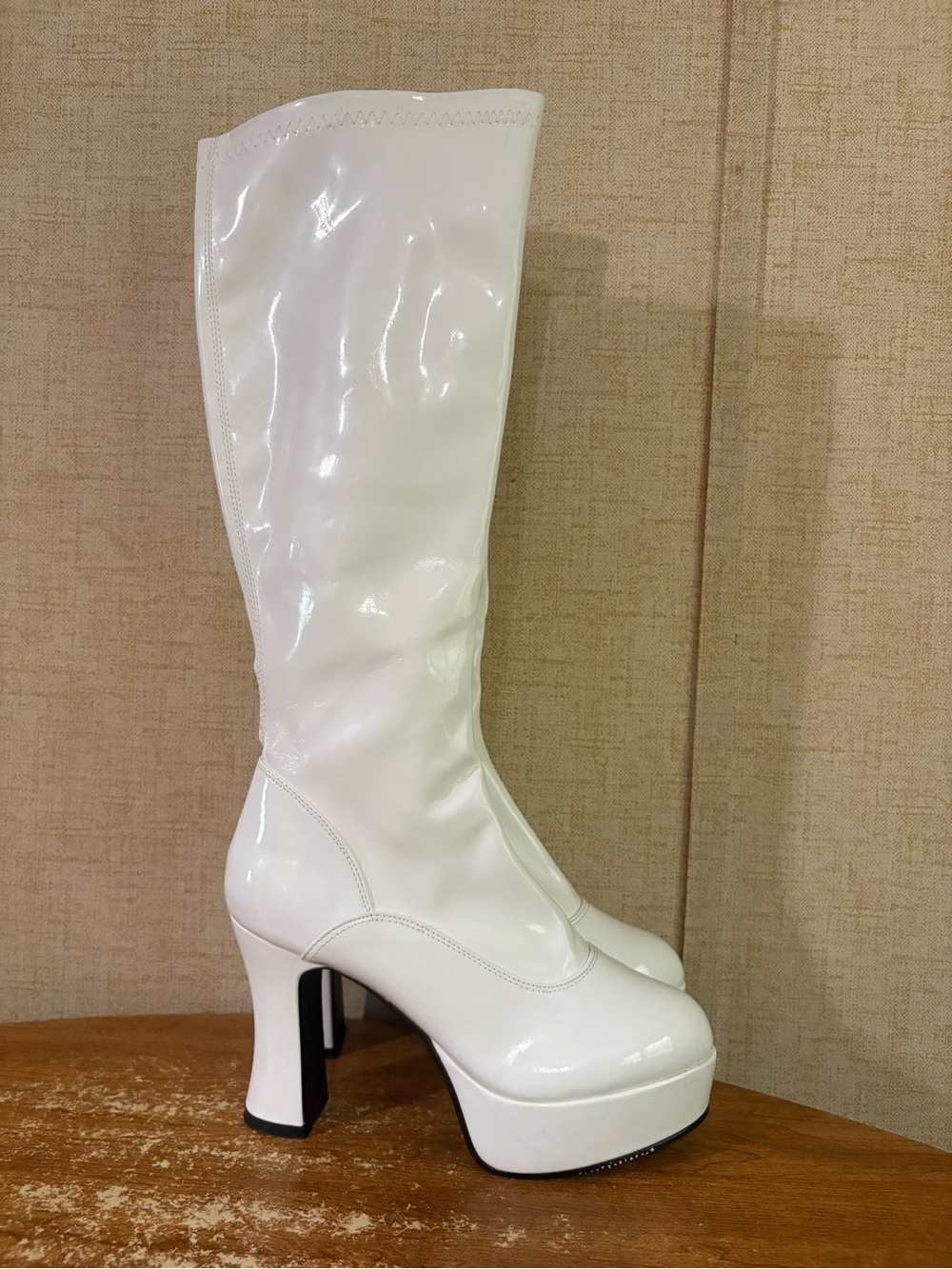 Funtasma White Patent Knee High Gogo Boots Block Heel 60s 70s Retro Costume